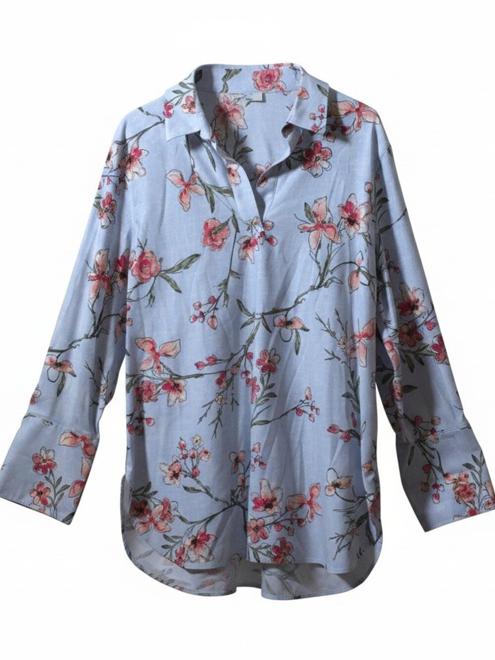 Chico's Blue Floral Cotton Button Front Blouse Size 3 Lightweight Spring Career